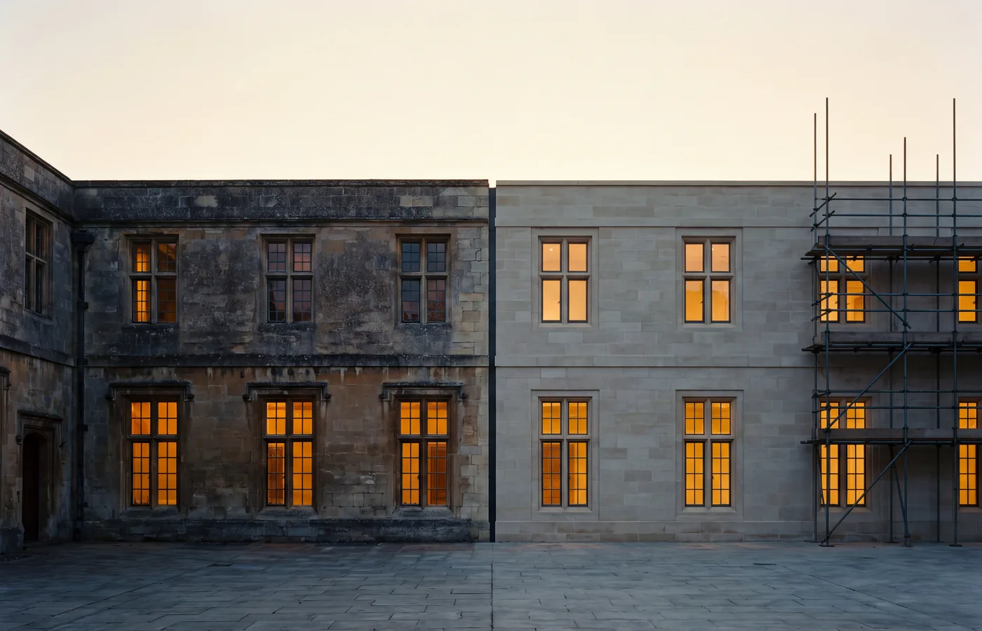 Un largo edificio de piedra caliza al amanecer. La mitad envejecida y la mitad recién construida están iluminadas por dentro de forma idéntica, y el último tramo sigue con andamios.
