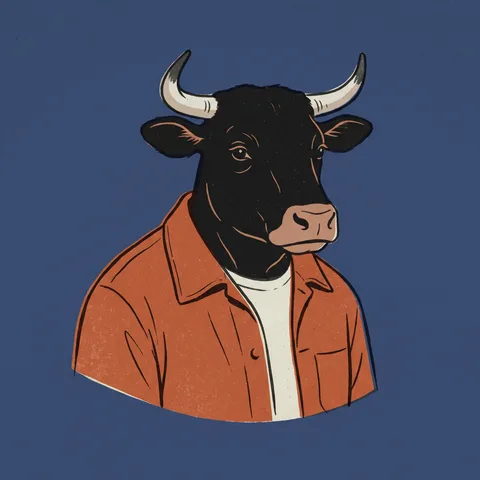 Ferro, digambarkan sebagai lembu hitam berjaket kerja warna karat, dengan latar biru senja polos