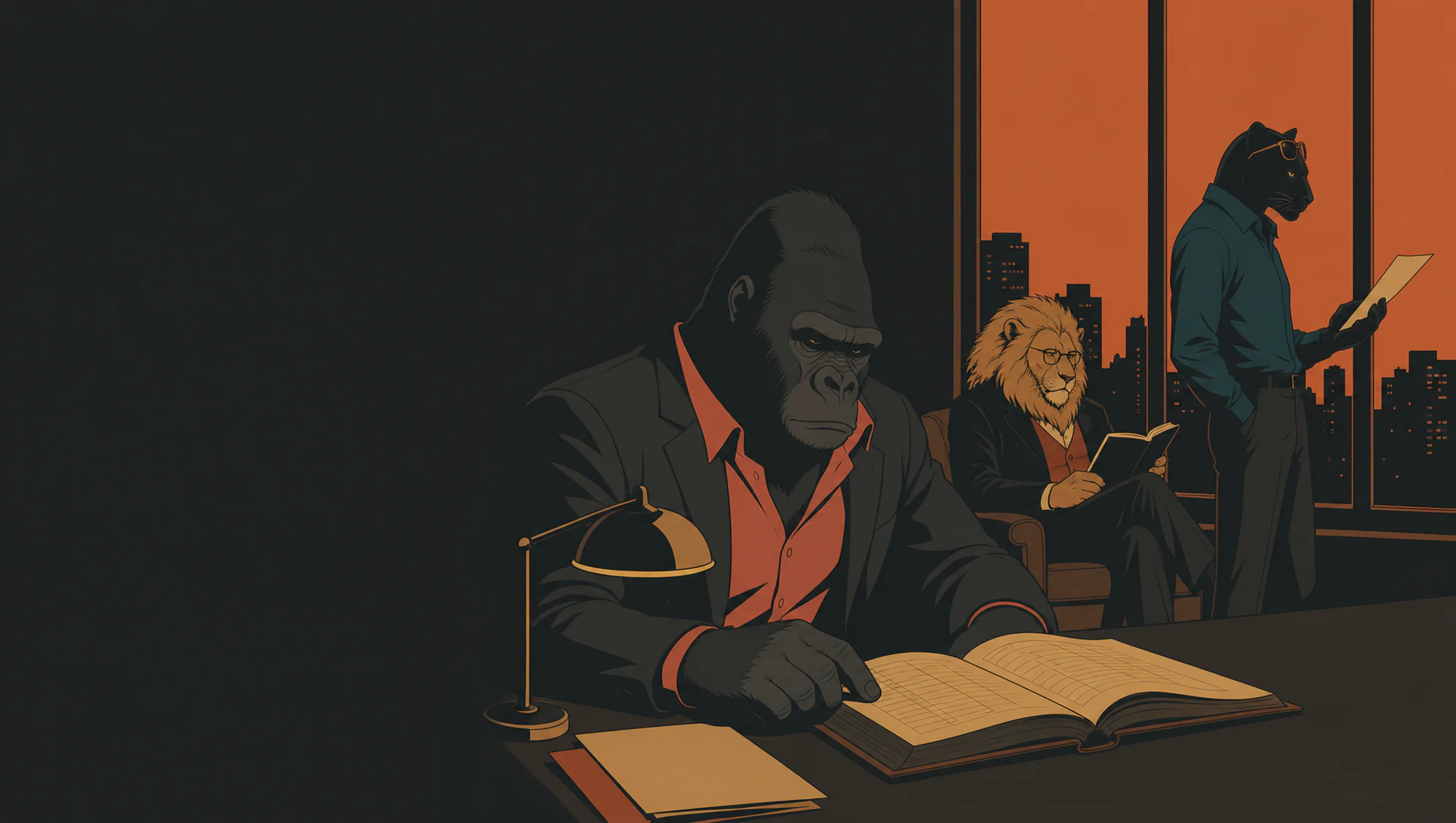 An office long after closing time: a gorilla, a lion, and a panther in tailored suits still at work under one lamp