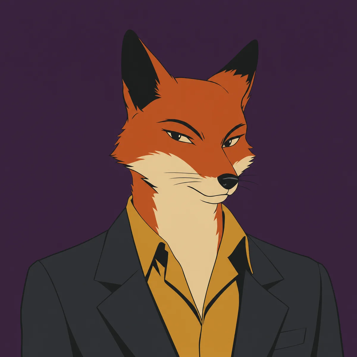 Nate, drawn as a red fox in a charcoal jacket and mustard shirt against a flat deep-plum field