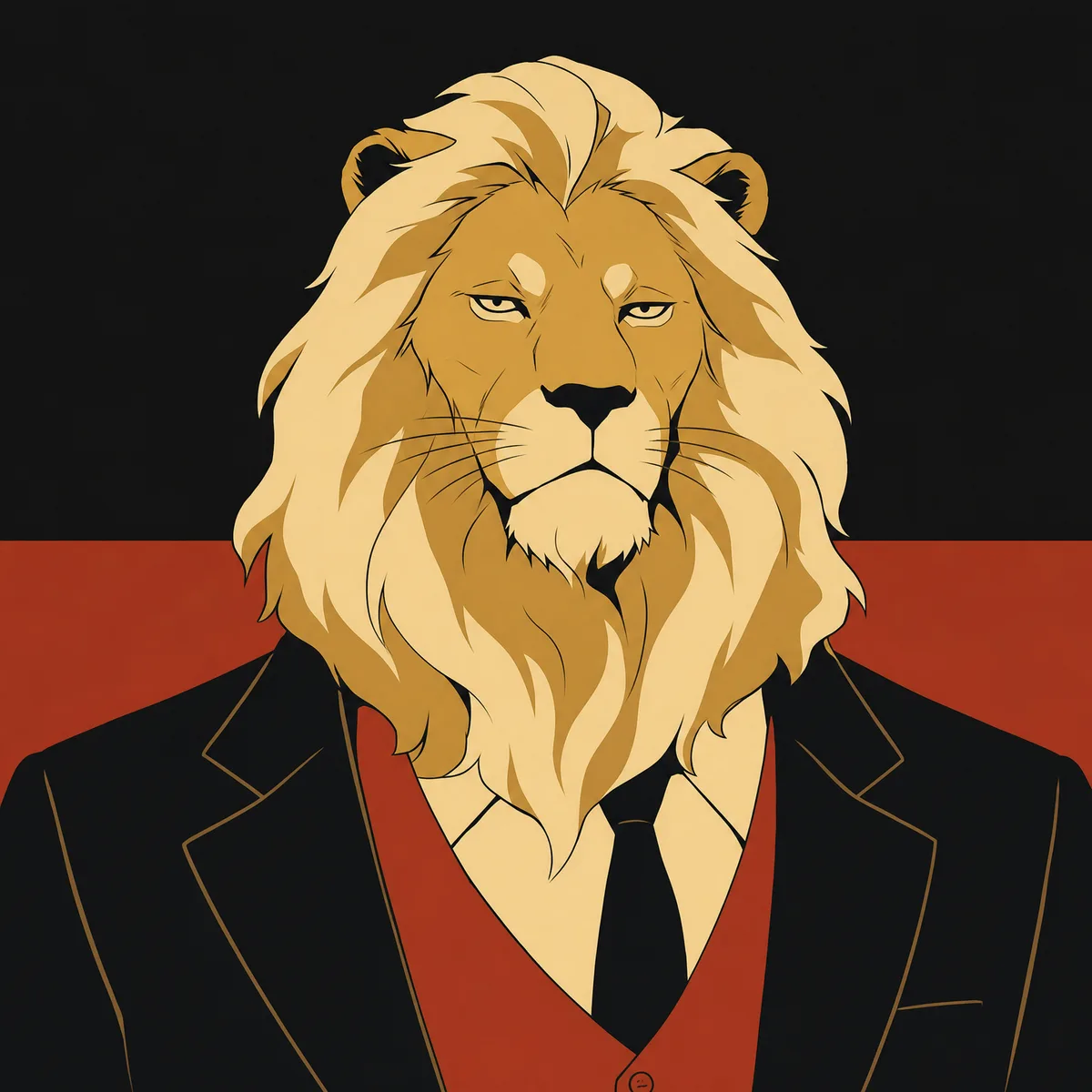 Rafe, dibujado como un león con chaqueta negra y chaleco color óxido sobre un fondo negro plano
